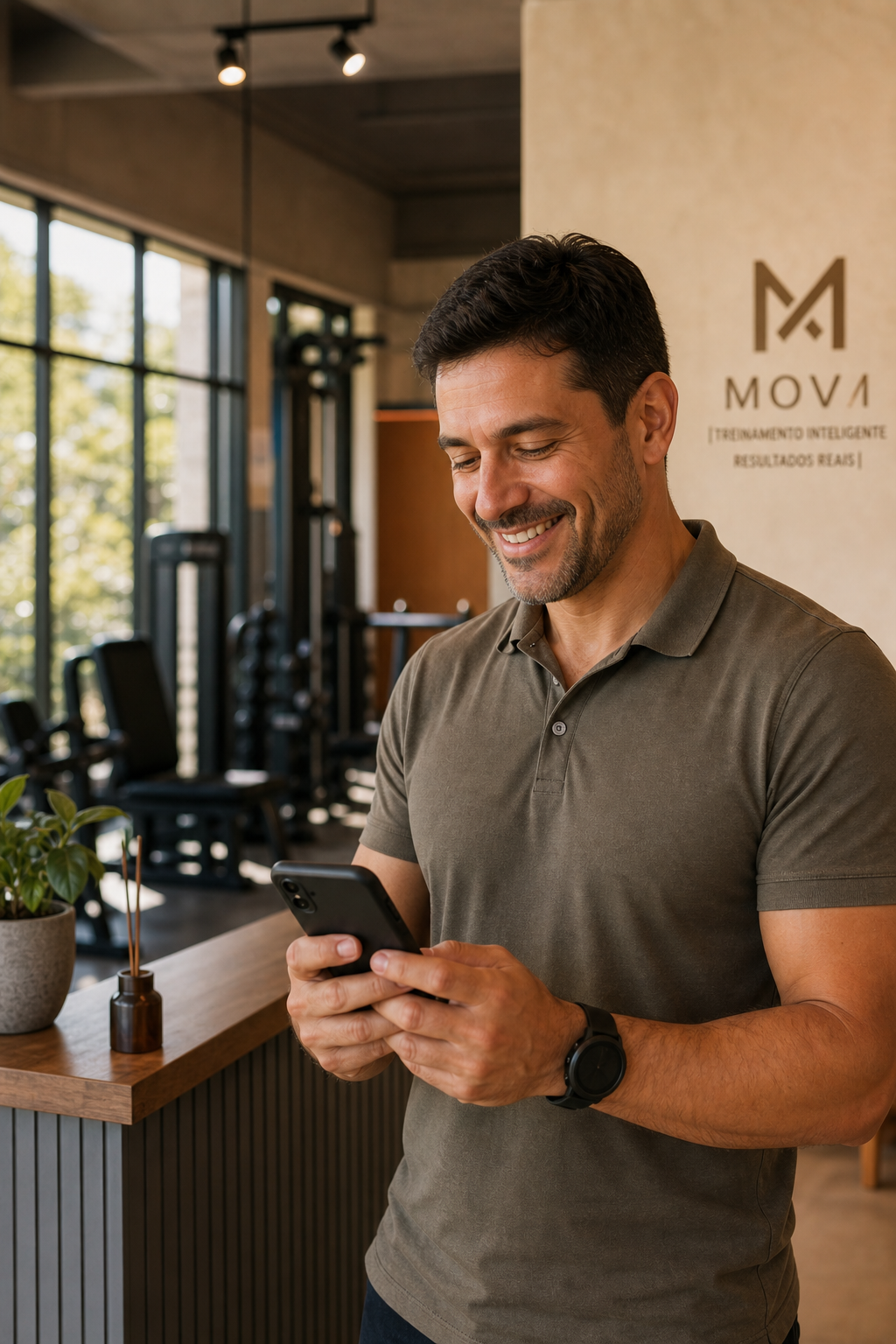 Dono de academia conferindo cobranças no celular
